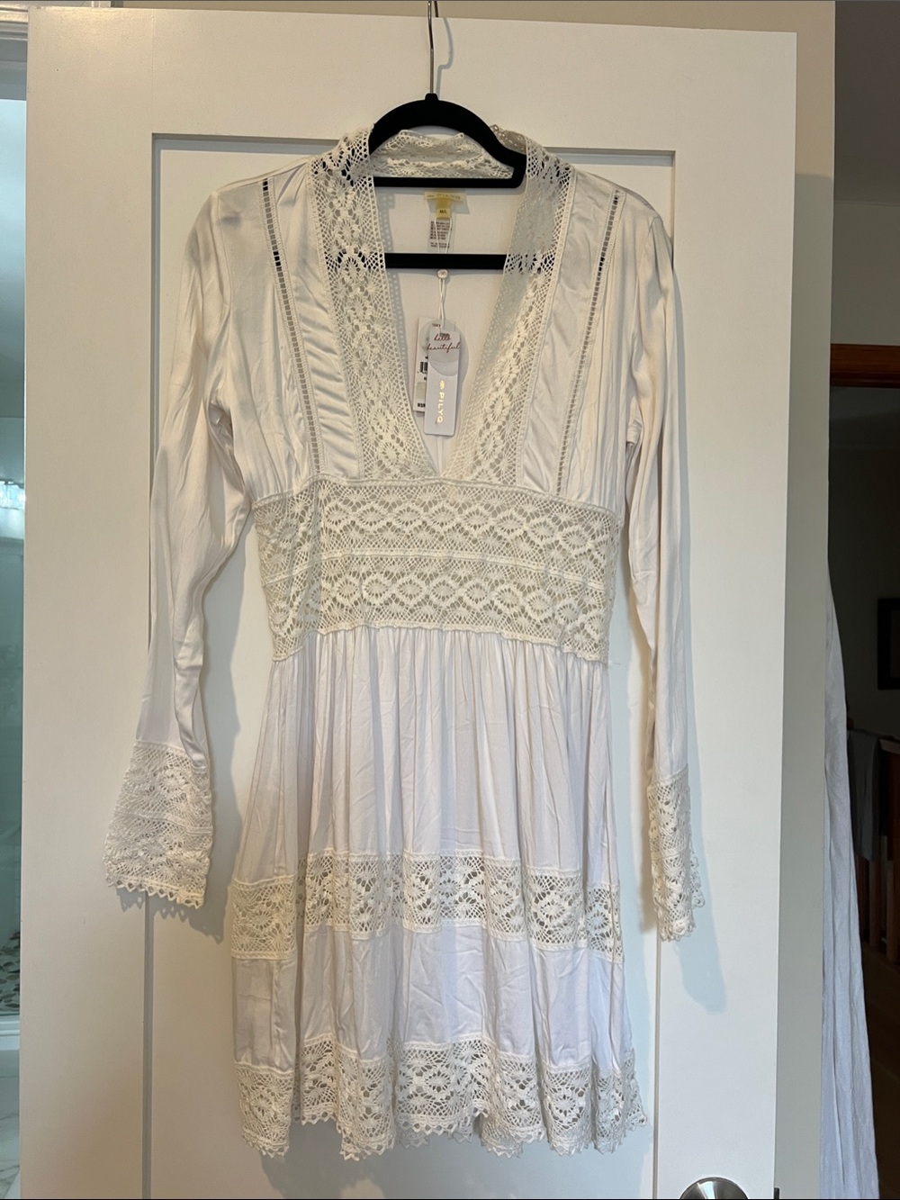 Pilyq Ivory Crochet-Trim V-Neck Mini Dress